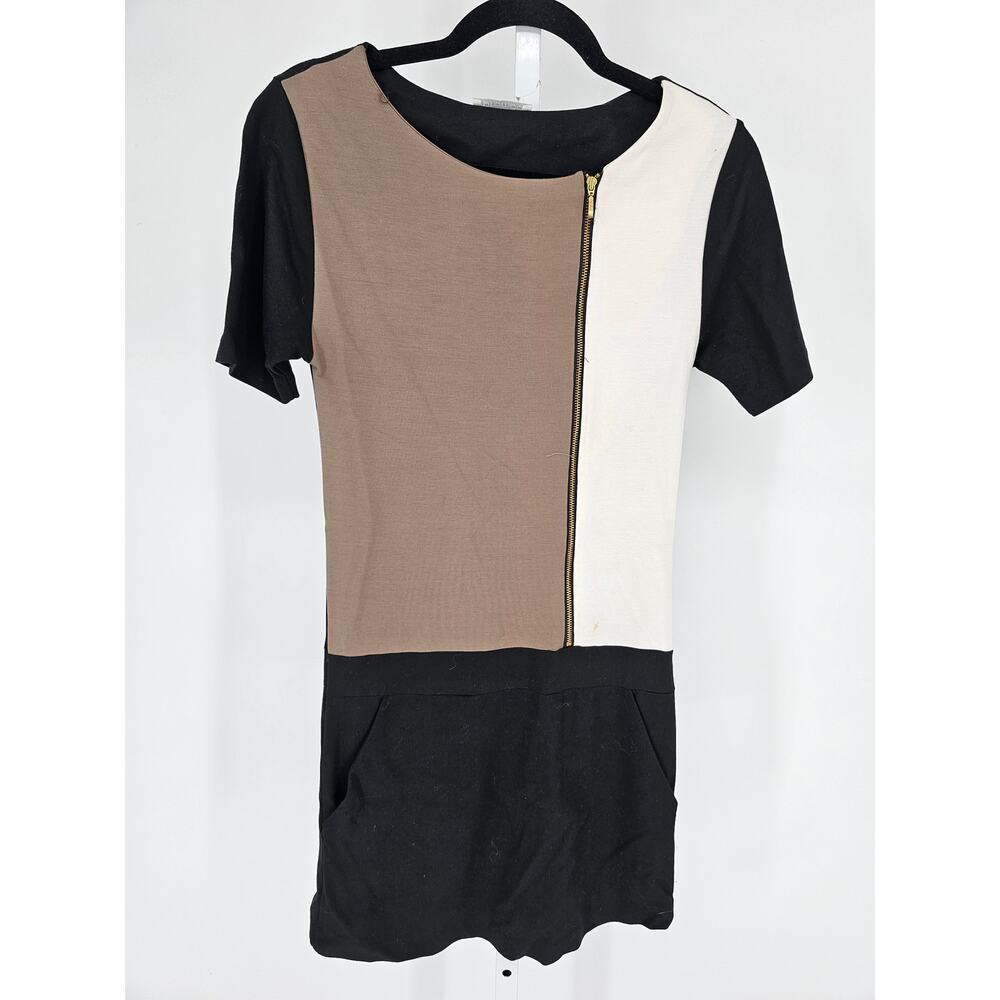 Promod Womens Sz M Above Knee Color Block Mod Dress Black White Beige